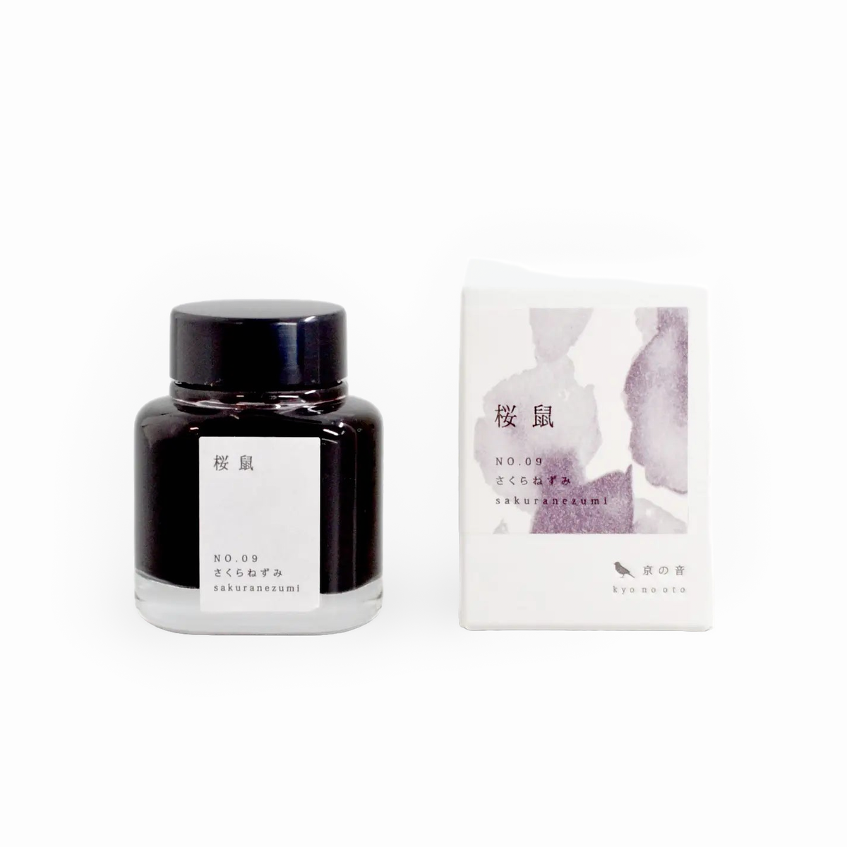 Tag Stationery Kyo No Oto Ink No. 9 Sakuranezumi, bottle with its box on a white background