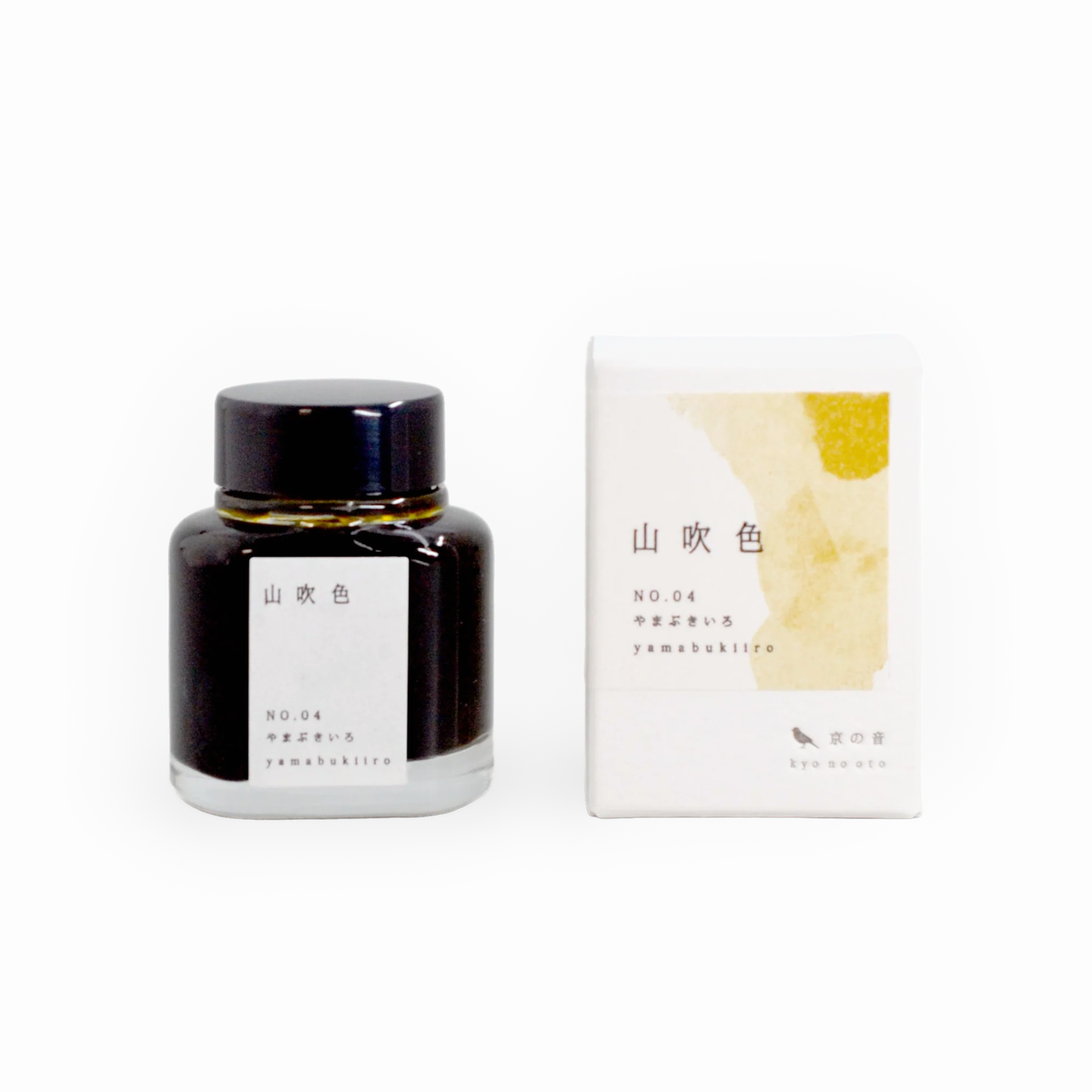 Tag Stationery Kyo No Oto Ink No. 4 Yellow Yamabuki Iro, bottle with its box on a white background