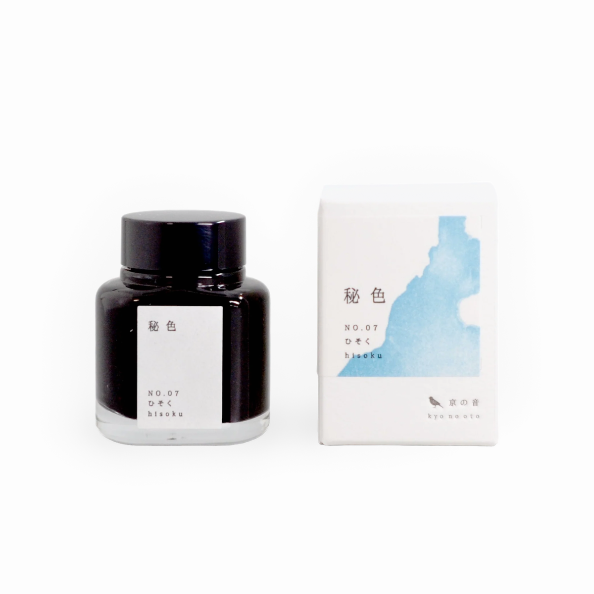 Tag Stationery Kyo No Oto Ink No. 7 Light Blue Hisoku, bottle with its box on a white background