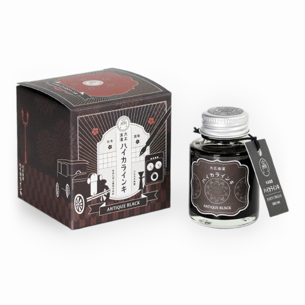 Teranishi Guitar Taisho Roman Haikara Antique Black Ink, bottle with its box on a white background