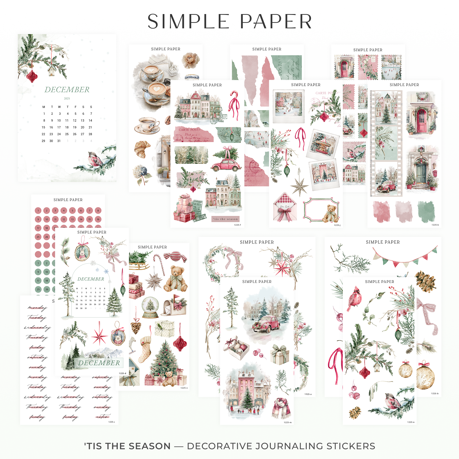 ’Tis The Season – full decorative journaling sticker kit with winter village scenes, botanicals, ornaments, café illustrations, torn paper textures, calendars, and holiday ephemera