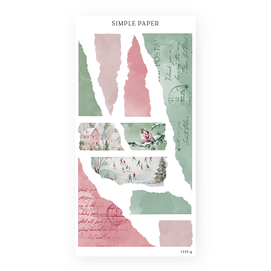 ’Tis The Season – torn paper textures with winter scenes, script, and collage accents