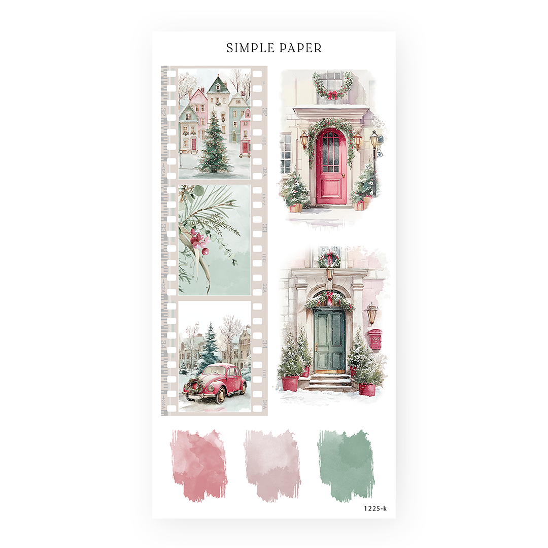 ’Tis The Season – festive doorways, filmstrip frames, winter car scene, and holiday color swatches