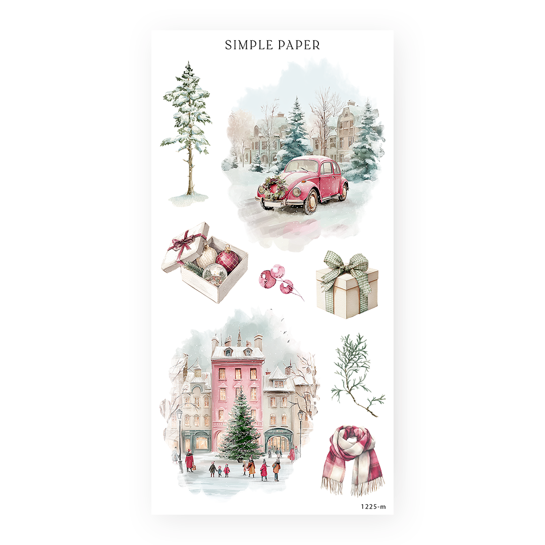 ’Tis The Season – pink holiday car, town square scene, ornaments, gifts, and winter accents for journaling