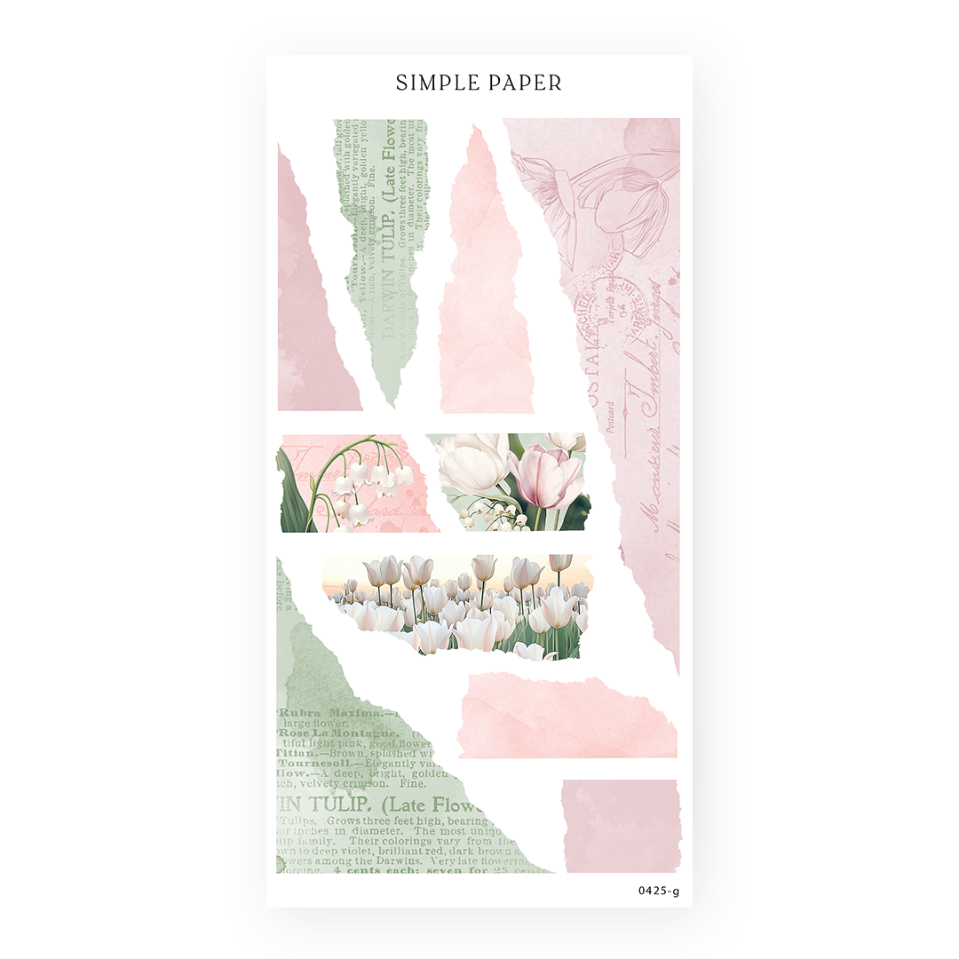 Tulip Memoirs Sheet G – torn paper collage stickers in blush, green, and floral illustrations