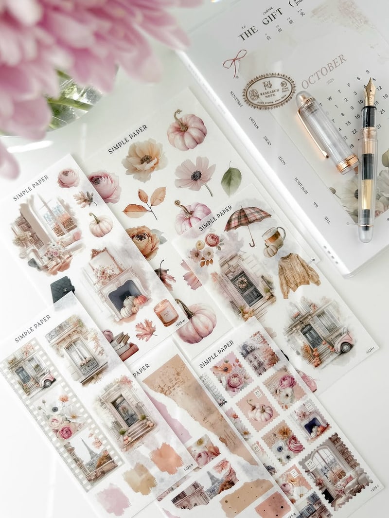 A flat-lay of autumn sticker sheets with watercolour pumpkins and florals