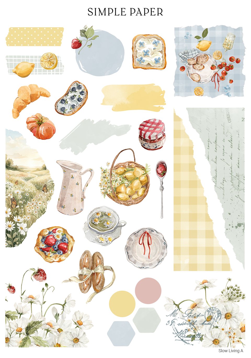 A Simple Paper bonus sticker sheet made for this journal: a wildflower meadow, a gingham picnic, lemons and pastries