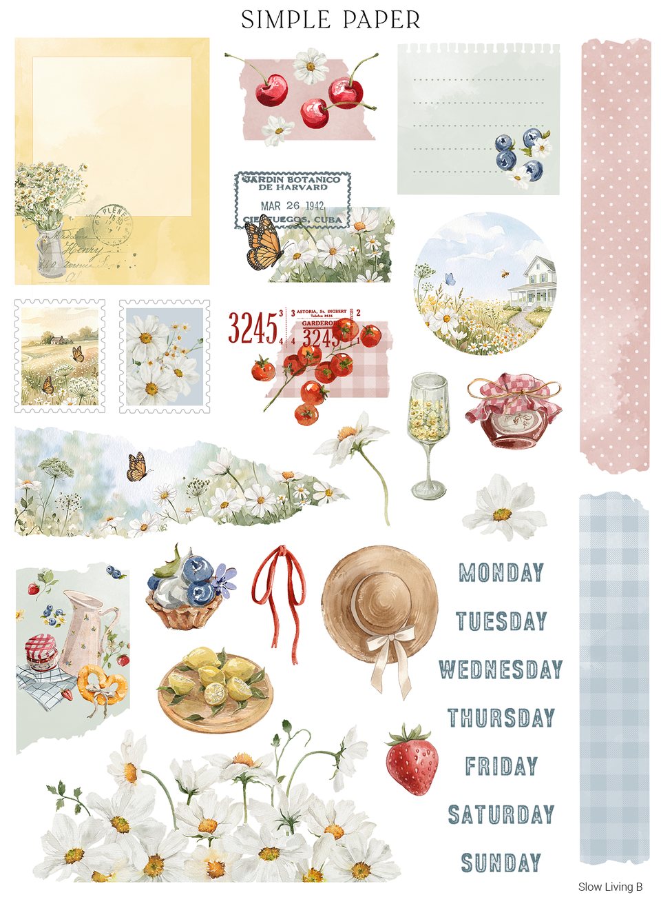 A Simple Paper bonus sticker sheet made for this journal: daisies, cherries, postage stamps and day labels