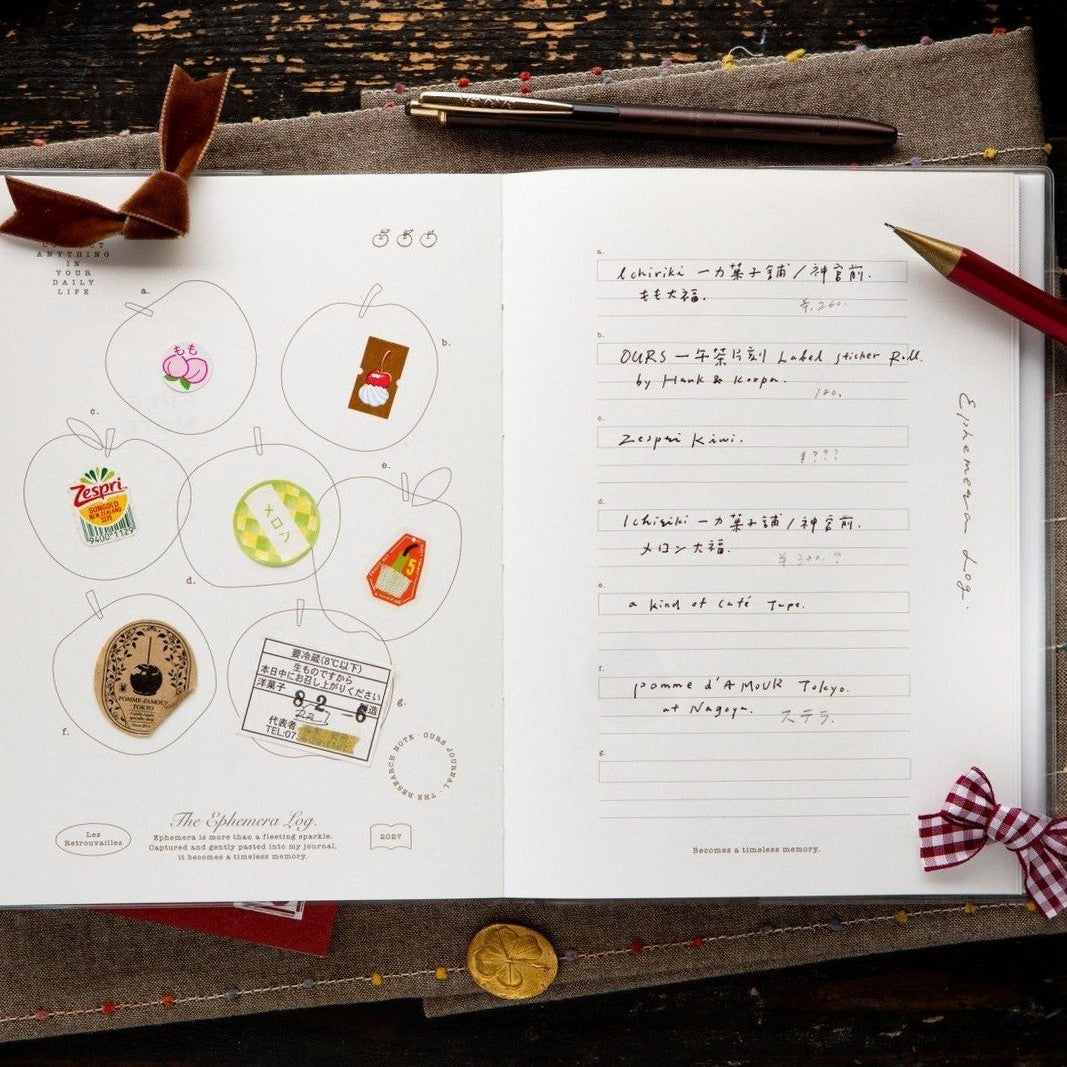 The little things log: the 2027 journal open to the Ephemera Log, fruit labels on the left page and notes on the right. Photo: OURS Studio