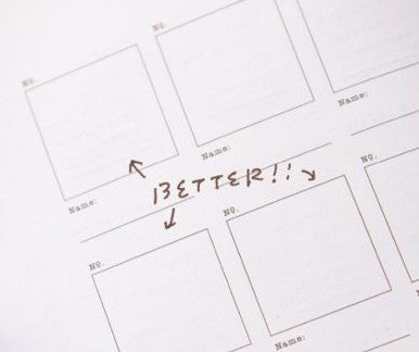 Test boxes on the 2027 MORIKAZE page, with OURS Studio's hand-written note: better. Photo: OURS Studio