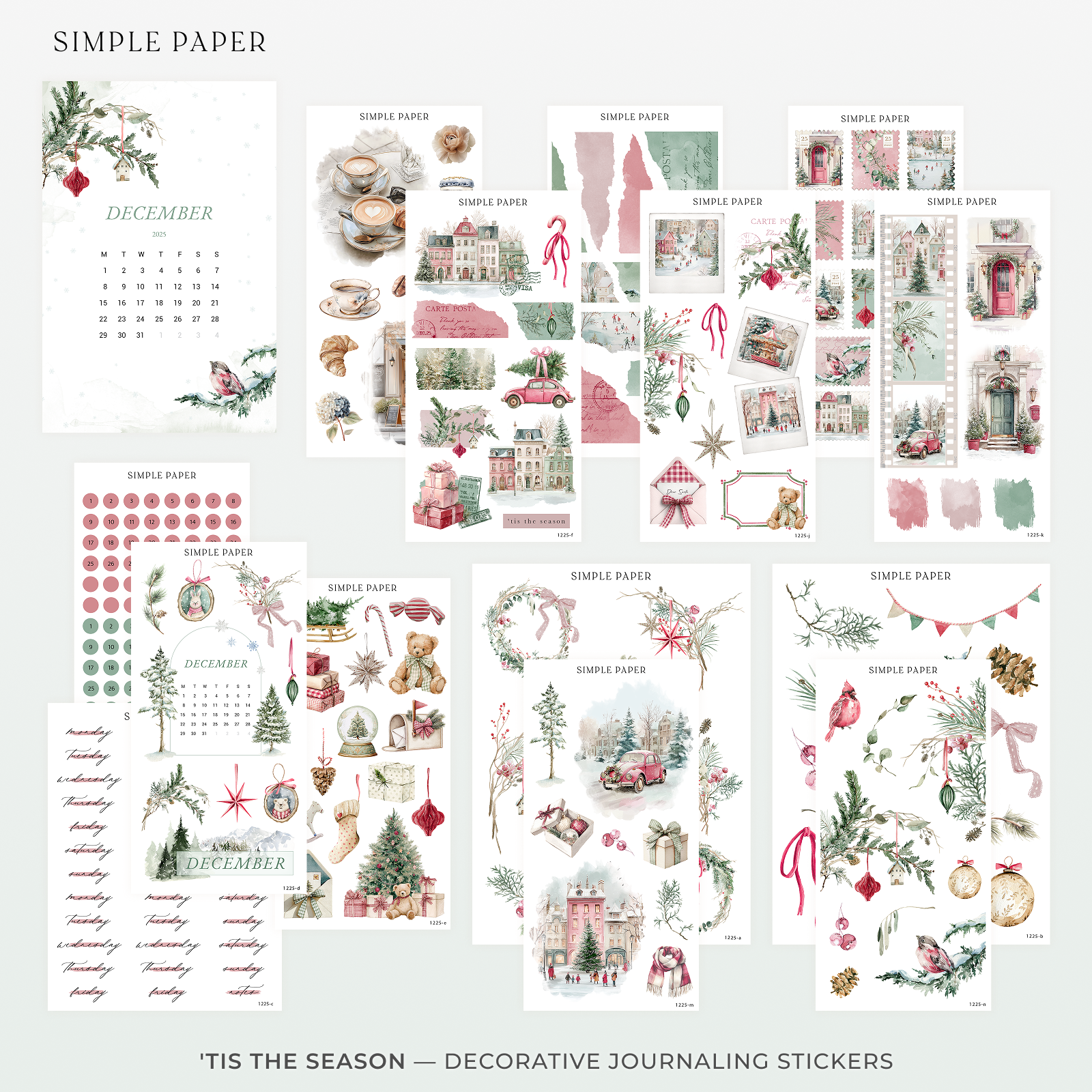 ’Tis The Season – full decorative sticker kit with winter scenes, florals, ornaments, postcards, washi strips, calendars, and holiday ephemera for journaling and planners