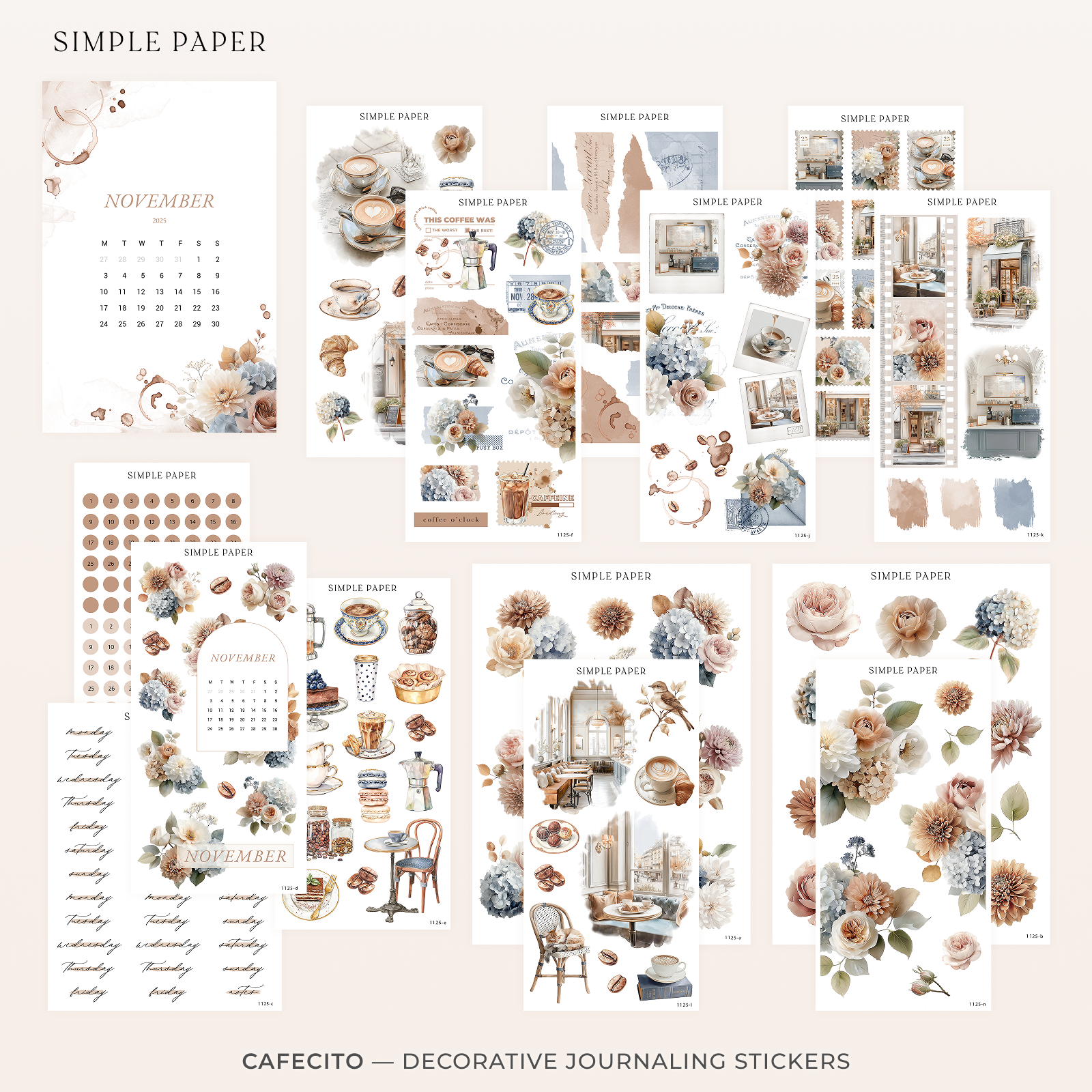 Collection of decorative journaling stickers from the Cafecito kit, featuring coffee, florals, and cozy café designs arranged on a beige background.