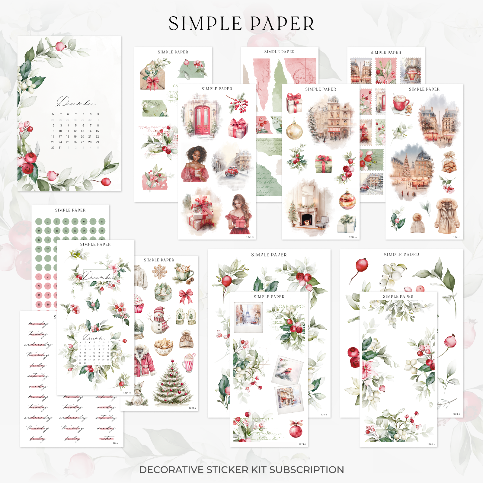 Holiday sticker designs with poinsettias, mail art, and cozy details