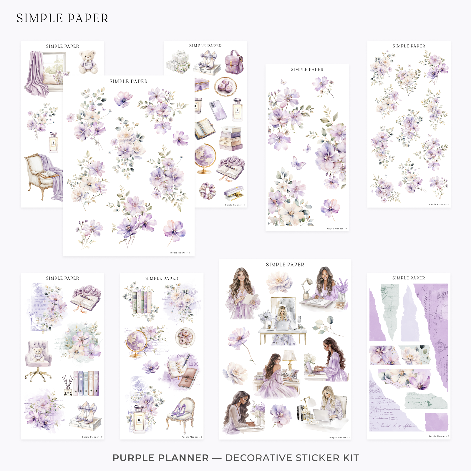 Romantic lilac-themed stickers for dreamy spreads