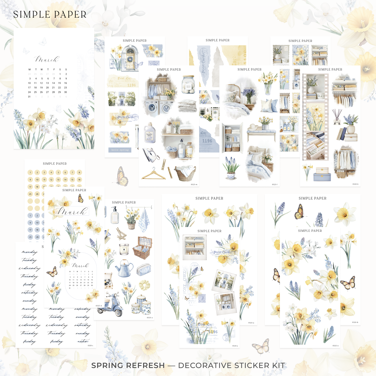 spring refresh sticker kit with yellow florals, teacups, books, and delicate journaling elements