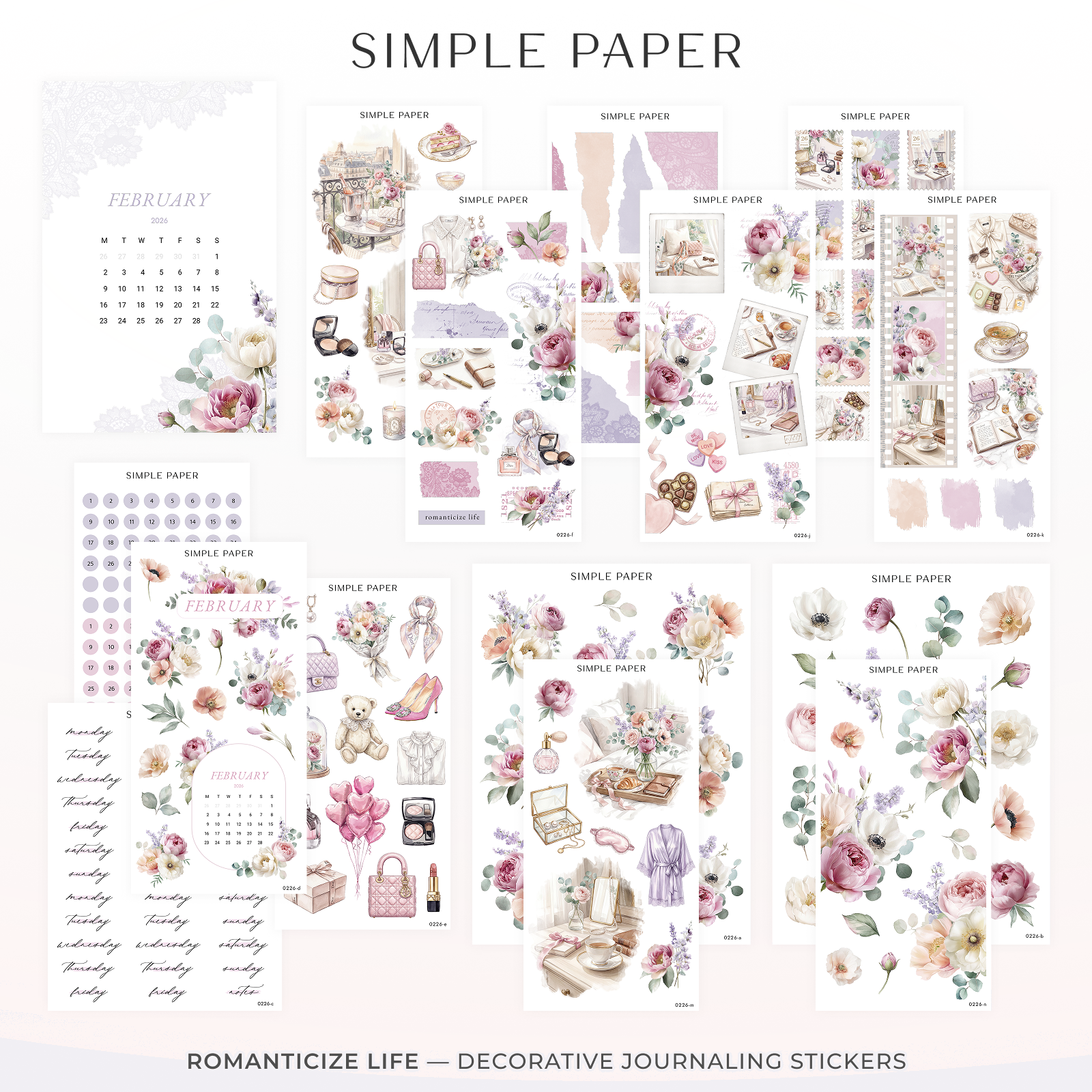 Romanticize Life Full Decorative Kit: 14 sticker sheets of watercolor florals, balcony scenes and date dots by Simple Paper