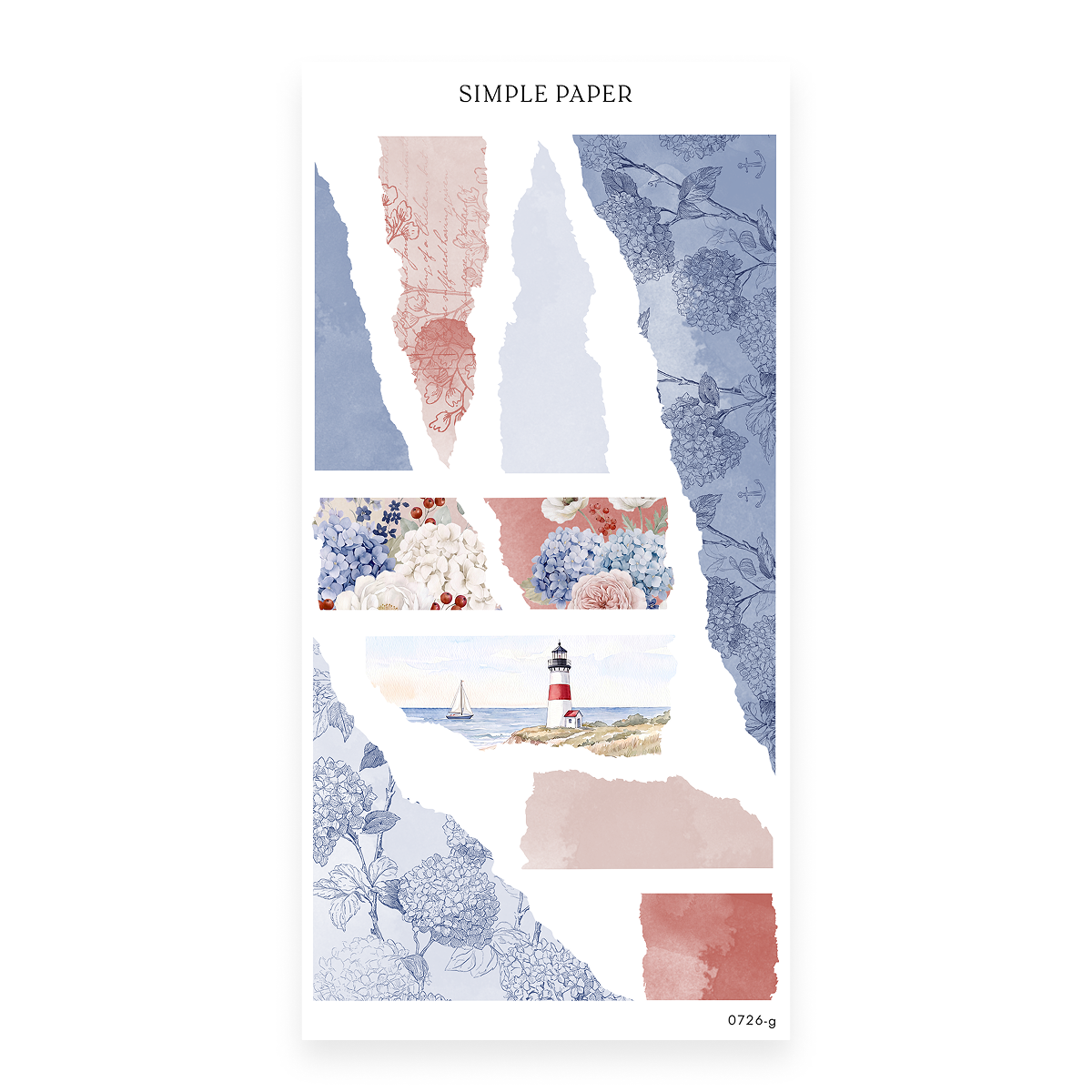 By The Sea Sheet G sticker sheet: torn blue, pink and red strips with an anchor and hydrangea pattern
