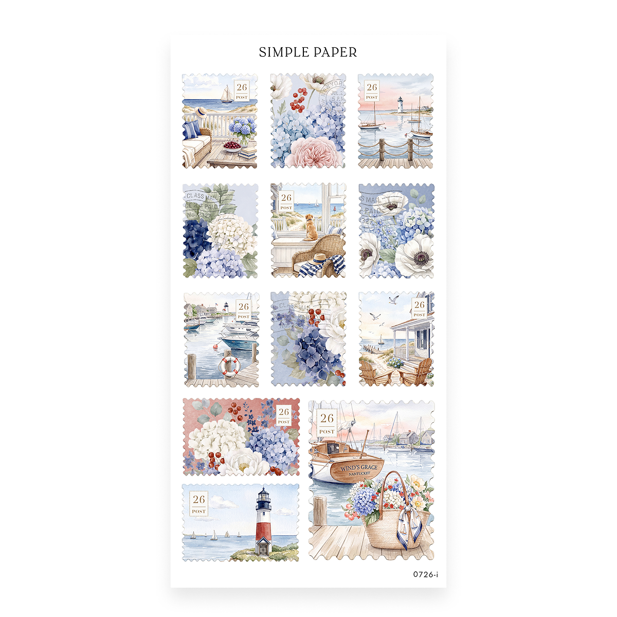 By The Sea Sheet I sticker sheet: a lounge chair, sailboat, lighthouse, pier and a dog on the beach