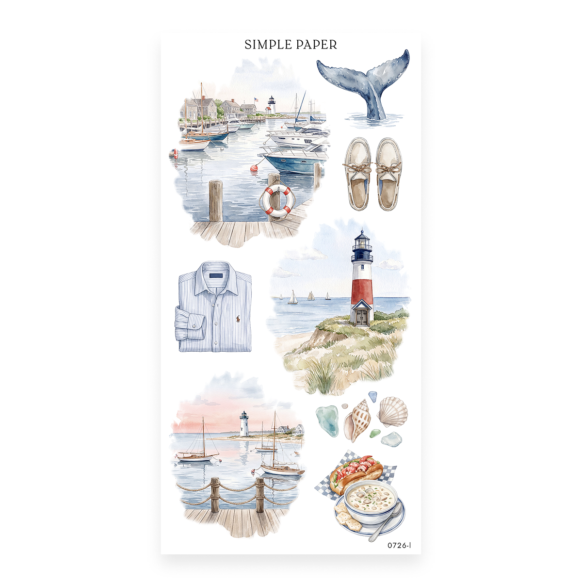 By The Sea Sheet L sticker sheet: a sunset harbor, whale tail, boat shoes, a lobster roll and chowder