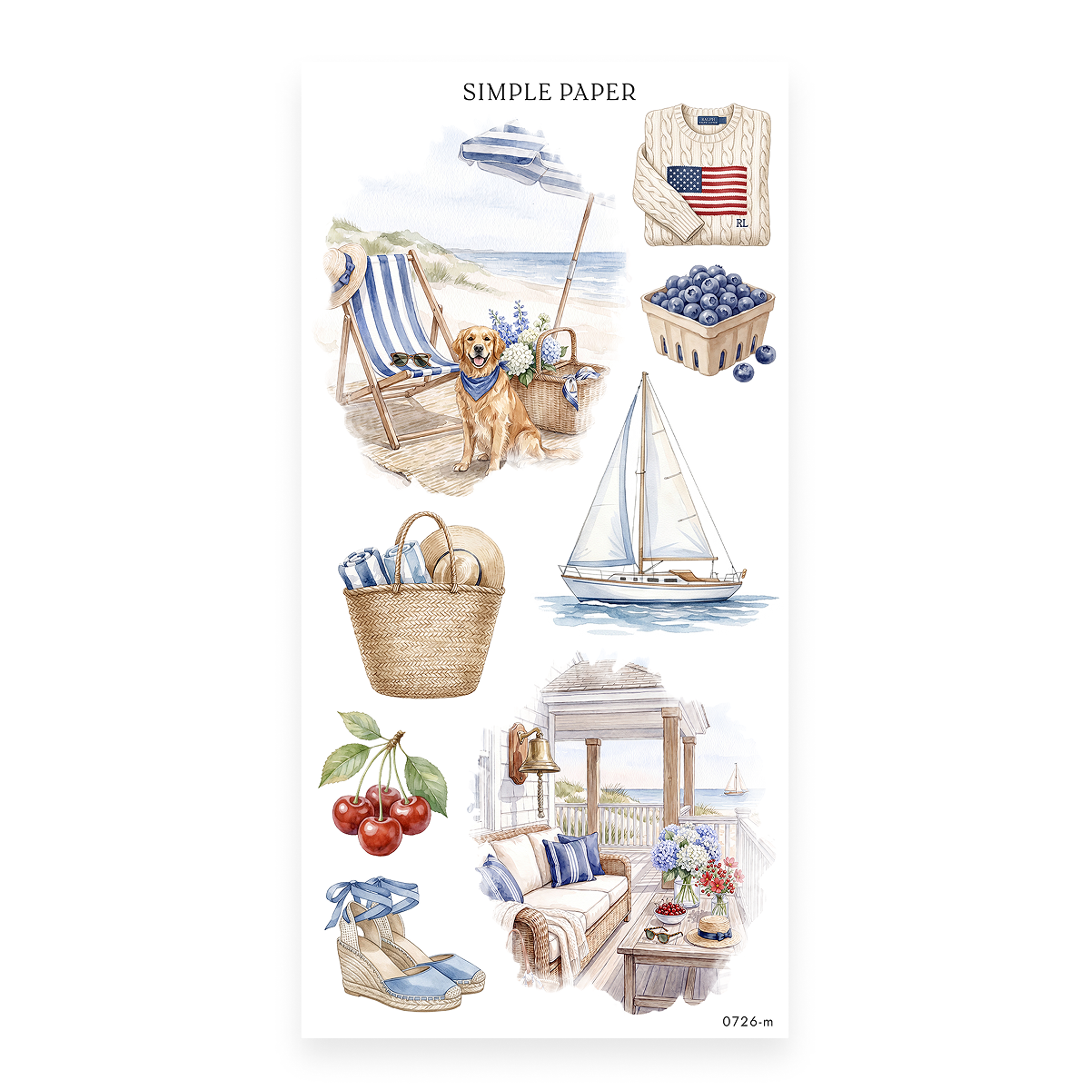 By The Sea Sheet M sticker sheet: a striped umbrella, beach chair, baskets of hydrangeas and berries