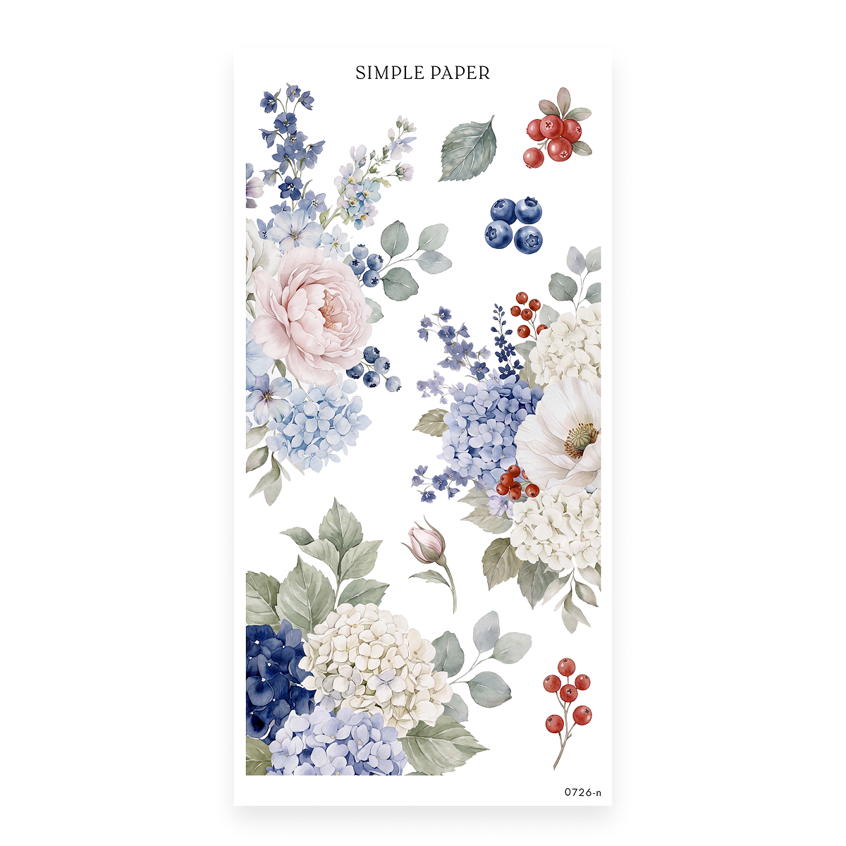 By The Sea Sheet N sticker sheet: large peonies, white anemones and blue and white hydrangeas
