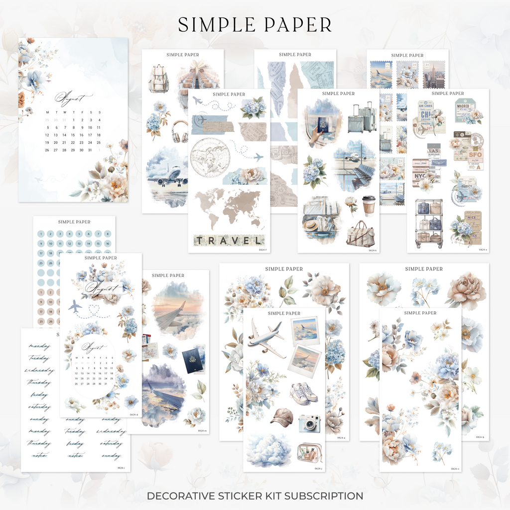 August Decorative Sticker Kit by Simple Paper showcasing travel themes, map-inspired designs, and soft watercolor florals for planners and journals.