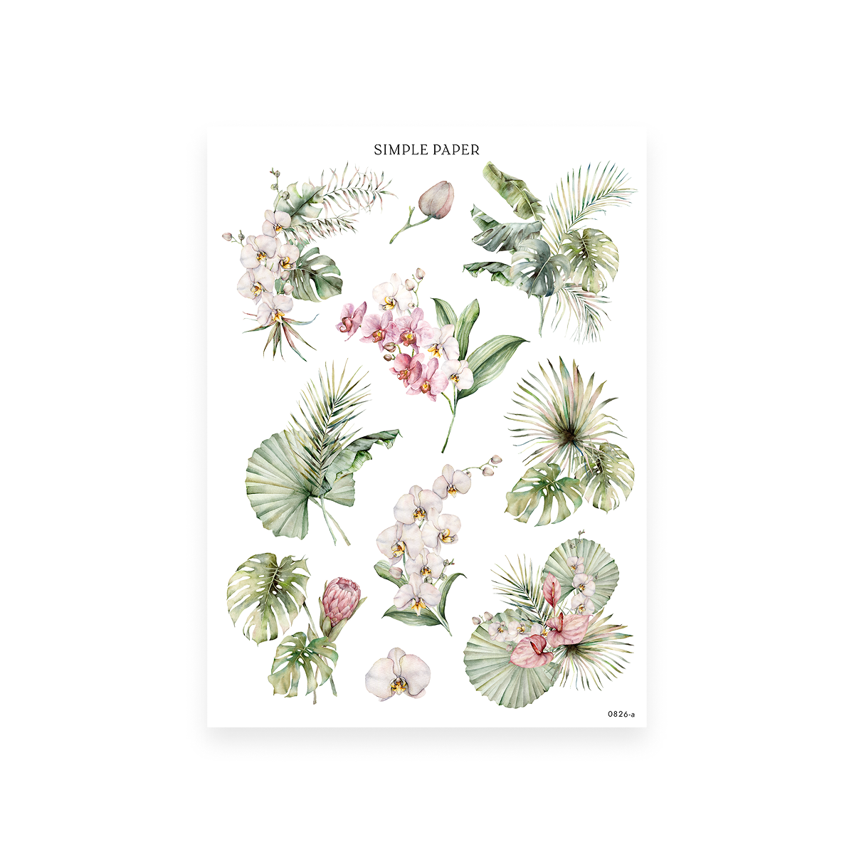 Checking In Sheet A sticker sheet: orchid sprays with monstera, palm fronds and anthurium blooms