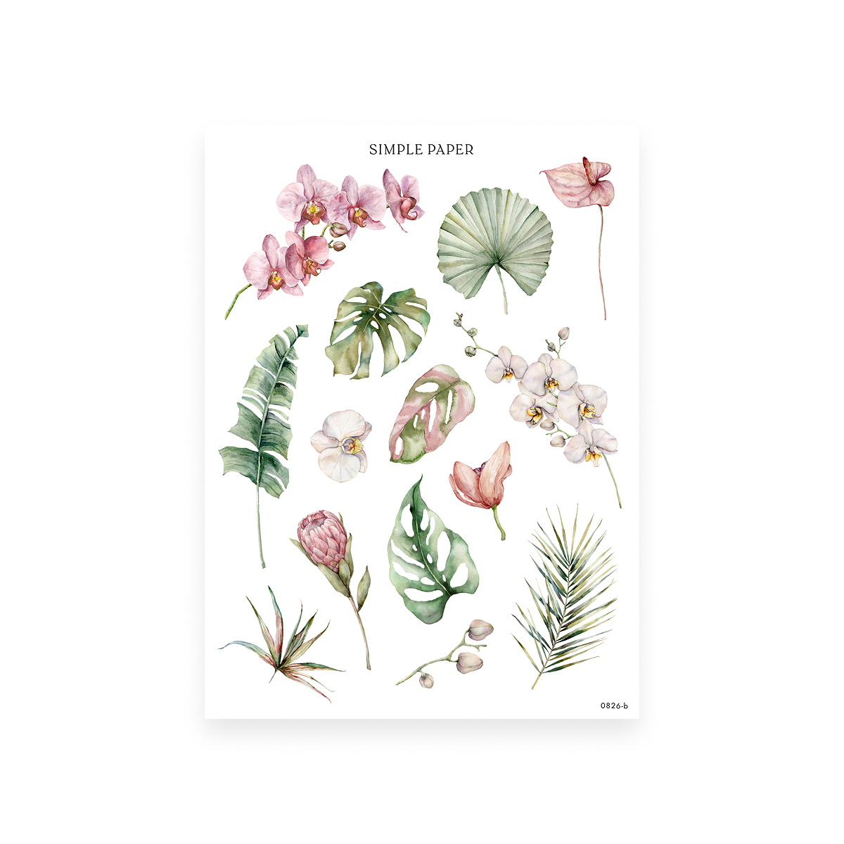 Checking In Sheet B sticker sheet: single orchid, monstera, fan palm, protea and anthurium stems