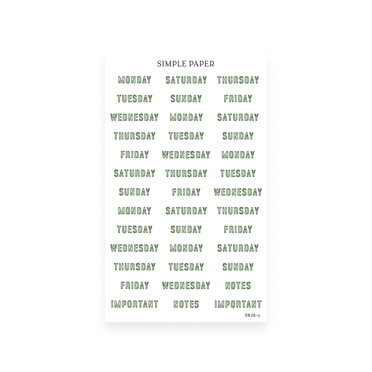 Checking In Sheet C sticker sheet: Monday to Sunday word labels with Notes and Important tags