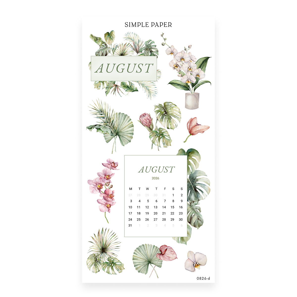 Checking In Sheet D sticker sheet: an August 2026 calendar card and AUGUST header with orchids