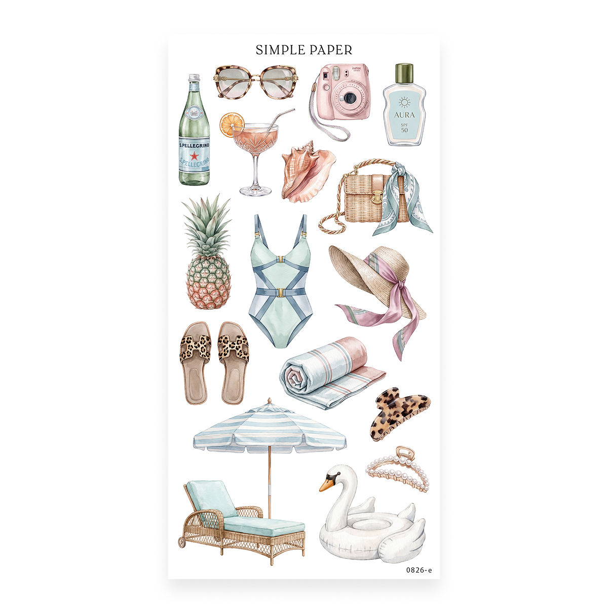 Checking In Sheet E sticker sheet: sunglasses, a rattan bag, straw hat, sandals and a cocktail