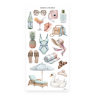 Checking In – Sheet E sticker sheet — S.Pellegrino sparkling water bottle, tortoiseshell cat-eye sunglasses, pink Fujifilm In