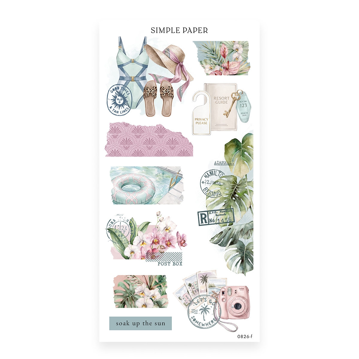 Checking In Sheet F sticker sheet: a swimsuit, sun hat, hotel door hanger, pool ring and orchids