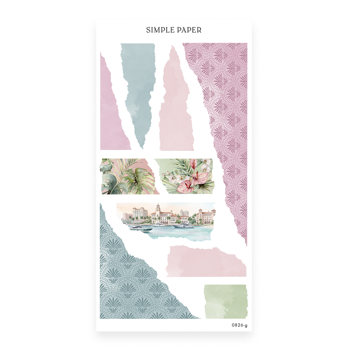 Checking In – Sheet G sticker sheet — Torn/deckle-edge washi paper strips in solid watercolor washes (mauve-pink, slate-blue,