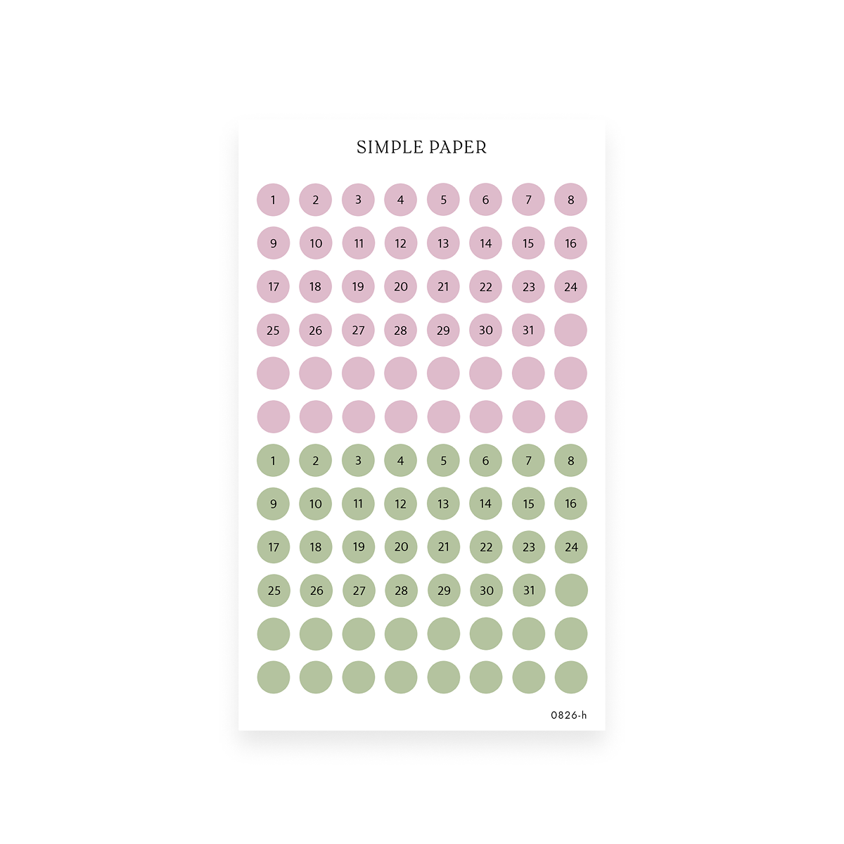 Checking In Sheet H sticker sheet: date dots numbered 1 to 31 in dusty pink and sage green