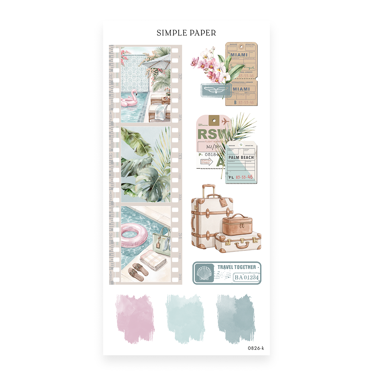 Checking In Sheet K sticker sheet: a film strip of a flamingo float and rattan lounge, with luggage