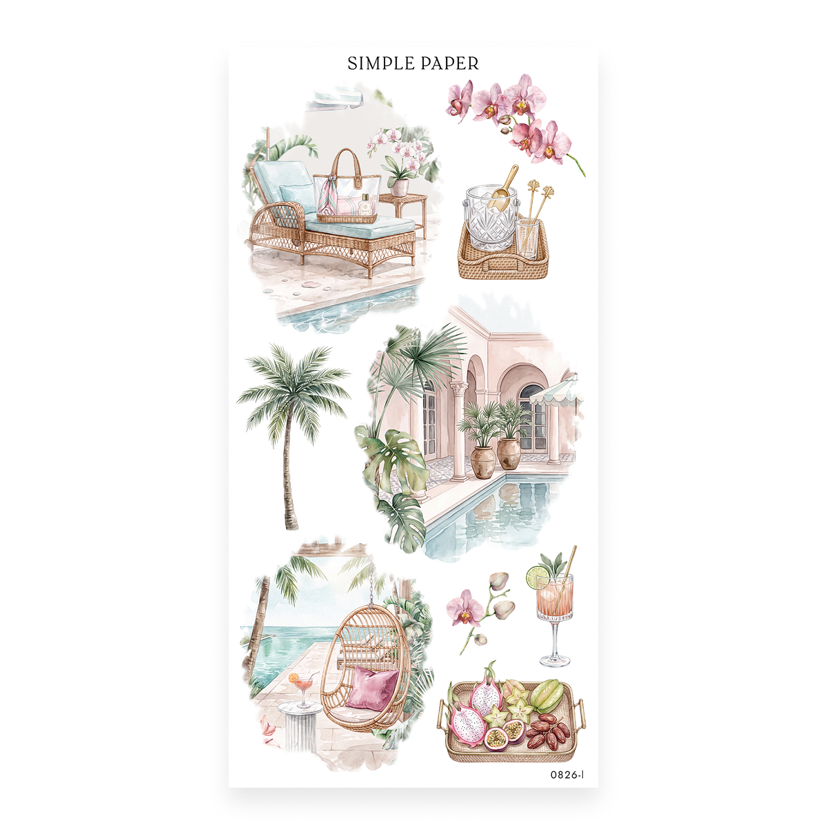 Checking In Sheet L sticker sheet: a rattan chaise, an arched villa, a pool and tropical fruit