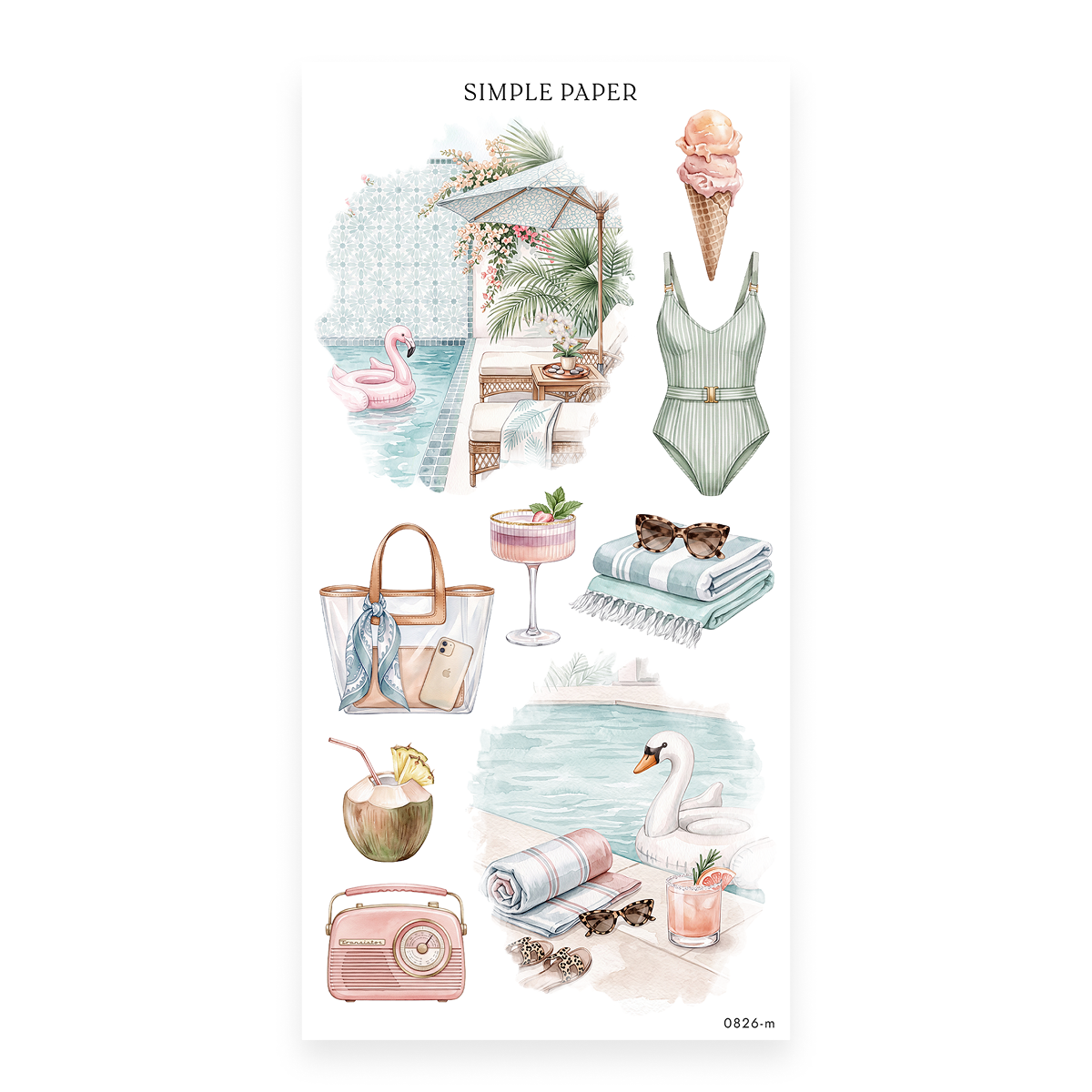 Checking In – Sheet M sticker sheet — pink flamingo inflatable pool float, white swan inflatable pool float, double-scoop ice