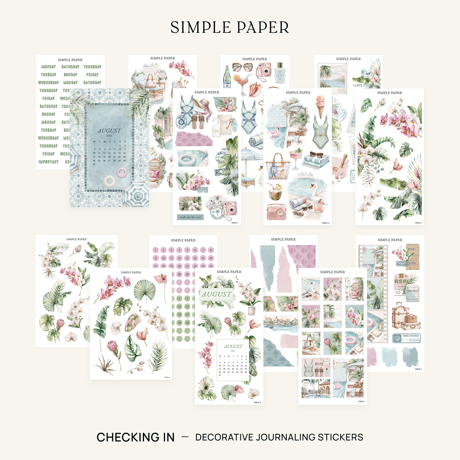 Checking In Full Decorative Kit: 14 sticker sheets of orchids, palms, resort scenes and date dots by Simple Paper
