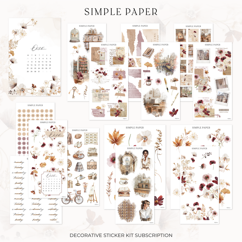 October Decorative Sticker Kit by Simple Paper with cozy fall designs, soft earth tones, and themed journaling accents for planners.