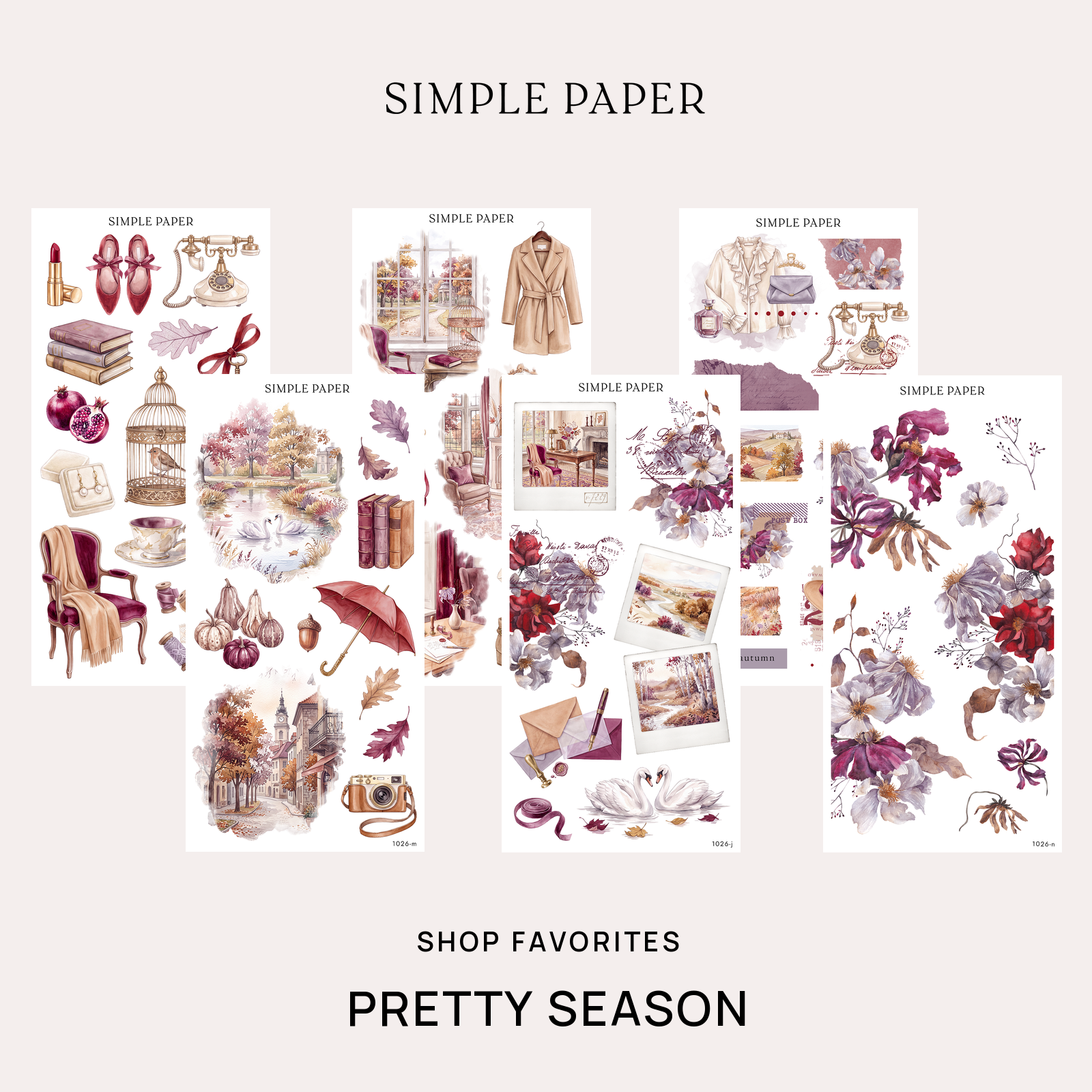 Pretty Season Shop Favorites Bundle: six sticker sheets with watercolor swans, florals and autumn scenes by Simple Paper