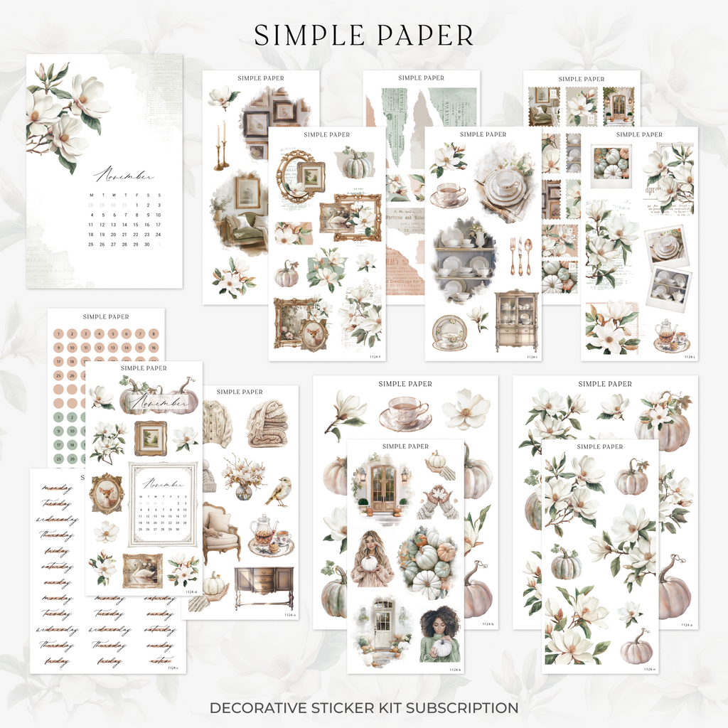 November Decorative Sticker Kit by Simple Paper inspired by Thanksgiving, fall leaves, and elegant decorative stickers for bullet journals.