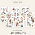 Watercolor sticker sheets of library rooms, a bookshop, a typewriter, cozy desk objects and rose bouquets