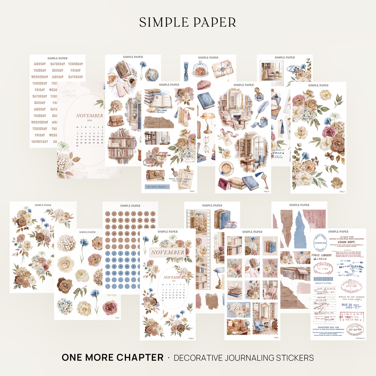 One More Chapter Full Decorative Kit: 14 sticker sheets of autumn florals, library scenes and date dots by Simple Paper