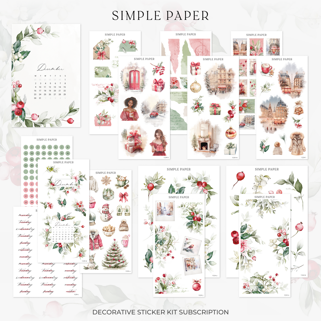 December Decorative Sticker Kit by Simple Paper featuring winter florals, festive designs, and seasonal planning accents for journals.