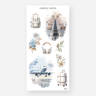 Airplane boarding scene, luggage, backpack, headphones, florals – August Sheet L by Simple Paper
