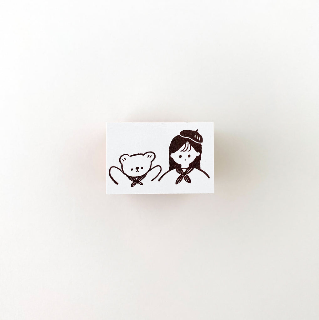 ranmyu Rubber Stamp | French Girl And Bear - Simple Paper 