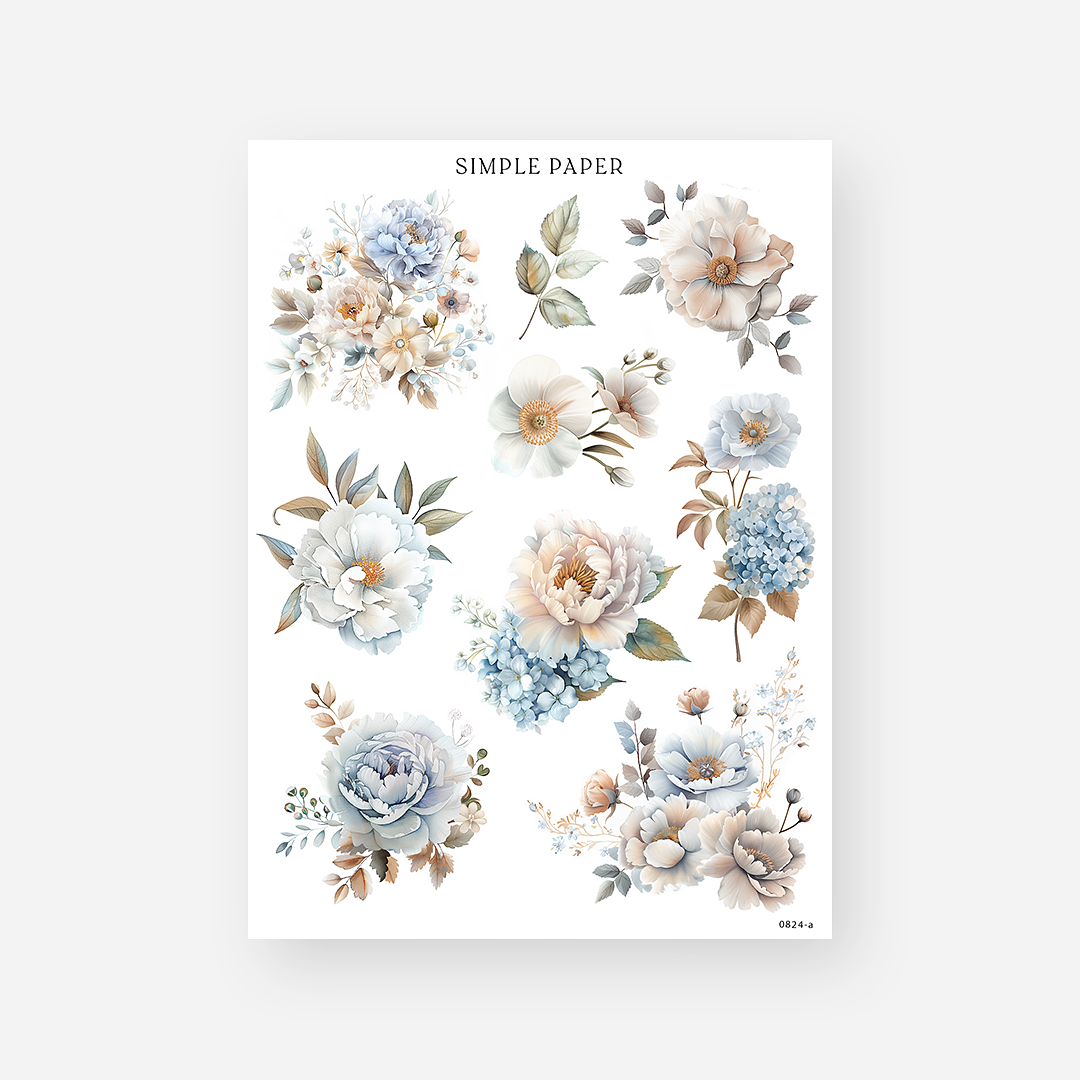 Vintage-style flower clusters with soft cream, blue, and blush tones – August Sheet A floral journaling stickers