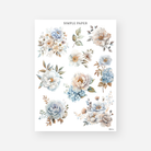 Vintage-style flower clusters with soft cream, blue, and blush tones – August Sheet A floral journaling stickers