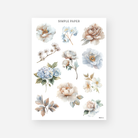 Neutral-toned floral sticker sheet with cream roses, soft blue blooms, and faded greenery – August Sheet B by Simple Paper